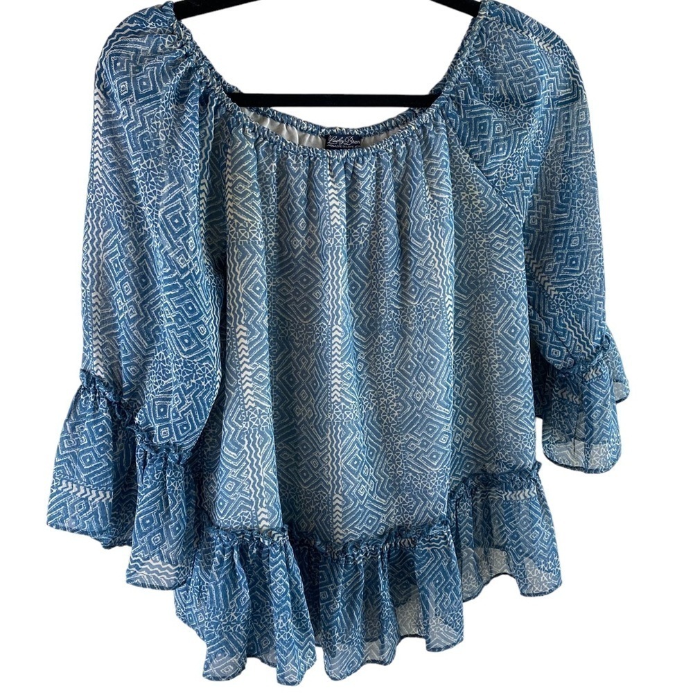 Lucky Brand Women's Blue Maze Off The Shoulder Peplum Ruffle Top Blouse Sz S‎